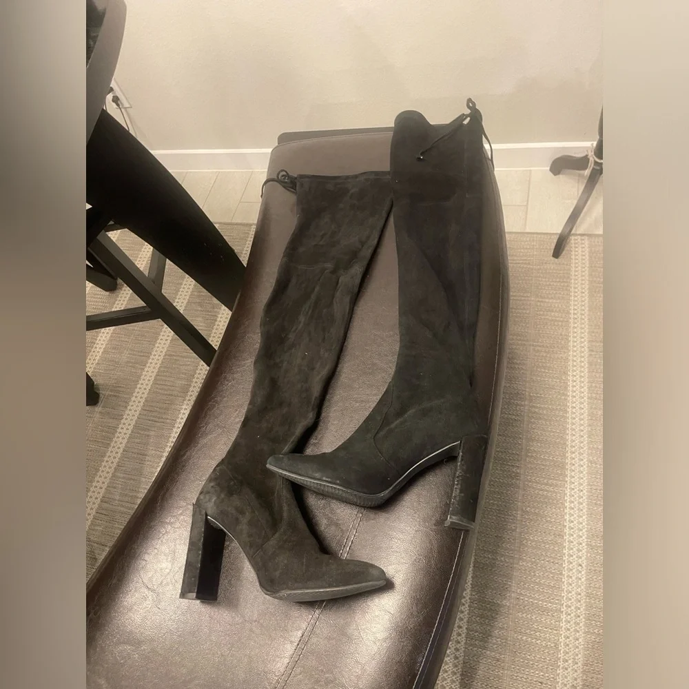 Stuart Weitzman Highland Black Suede leather thigh high Heel Boots sz 9